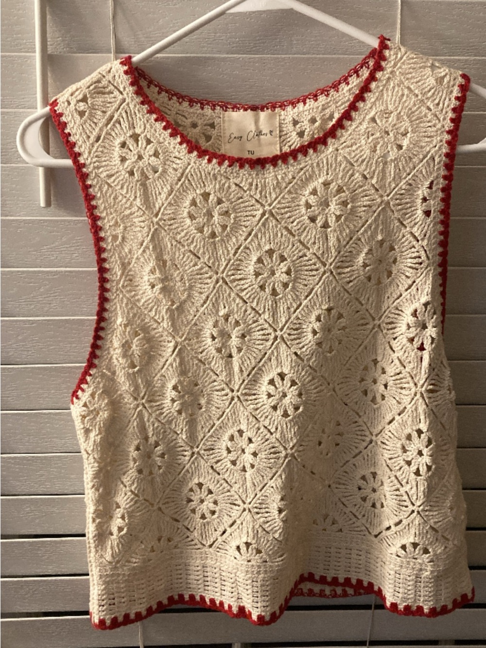 Crochet Tank Top in Cream with Red Trim by Easy Comforts